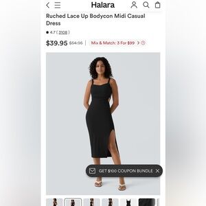 HALARA Black Ruched Lace-Up Bodycon Midi Dress